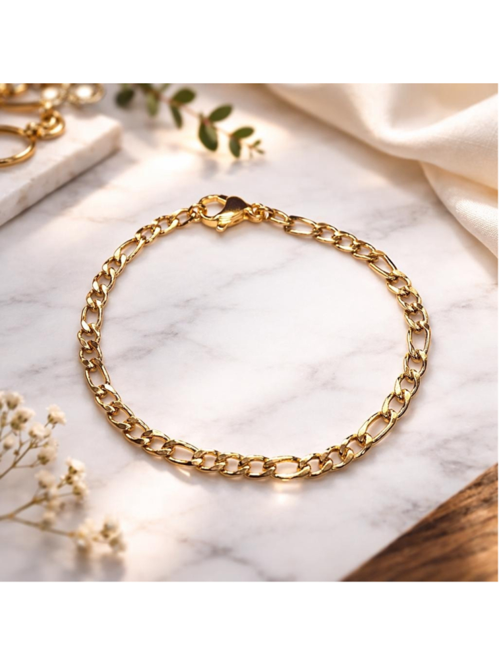 Gold Stainless Steel Figaro Chain Bracelet 6.25 inches